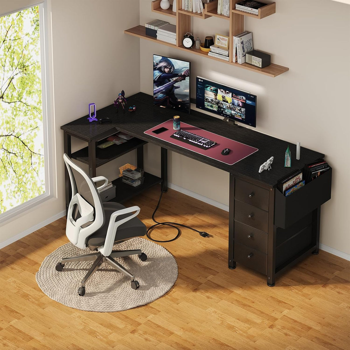 White L Shaped Computer Desk with Drawers & Storage Shelves, 47 Inch Corner Reversible Desk with Power Outlet for Home Office Bedroom, L-Shaped Teen PC Desks with Fabric Drawer, White