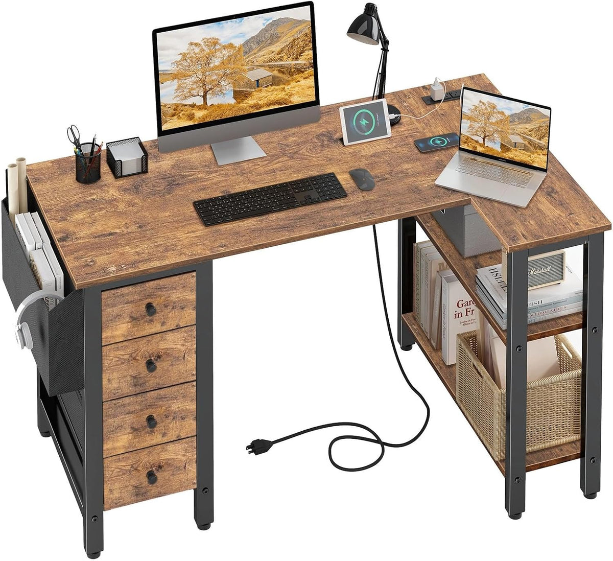 White L Shaped Computer Desk with Drawers & Storage Shelves, 47 Inch Corner Reversible Desk with Power Outlet for Home Office Bedroom, L-Shaped Teen PC Desks with Fabric Drawer, White