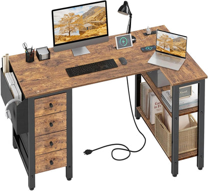 White L Shaped Computer Desk with Drawers & Storage Shelves, 47 Inch Corner Reversible Desk with Power Outlet for Home Office Bedroom, L-Shaped Teen PC Desks with Fabric Drawer, White