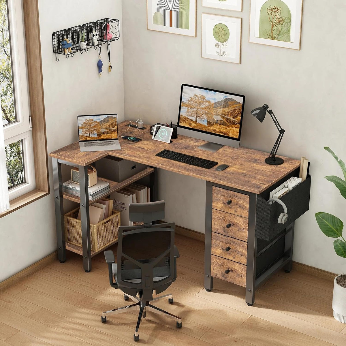 White L Shaped Computer Desk with Drawers & Storage Shelves, 47 Inch Corner Reversible Desk with Power Outlet for Home Office Bedroom, L-Shaped Teen PC Desks with Fabric Drawer, White
