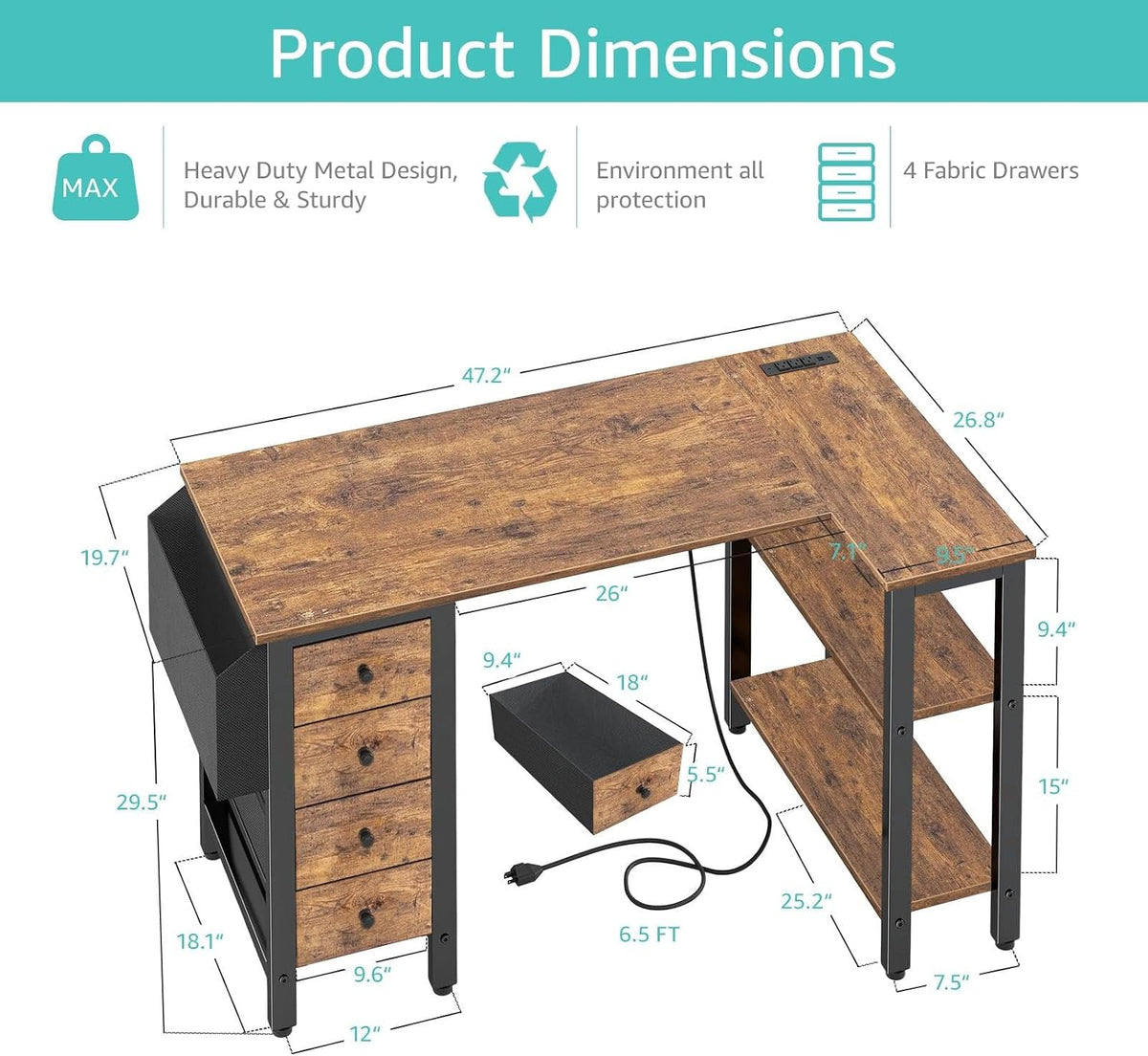 White L Shaped Computer Desk with Drawers & Storage Shelves, 47 Inch Corner Reversible Desk with Power Outlet for Home Office Bedroom, L-Shaped Teen PC Desks with Fabric Drawer, White