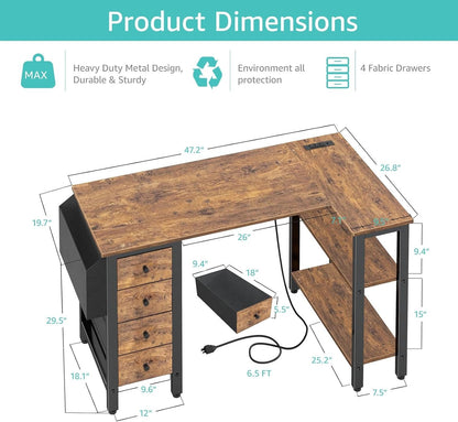White L Shaped Computer Desk with Drawers & Storage Shelves, 47 Inch Corner Reversible Desk with Power Outlet for Home Office Bedroom, L-Shaped Teen PC Desks with Fabric Drawer, White