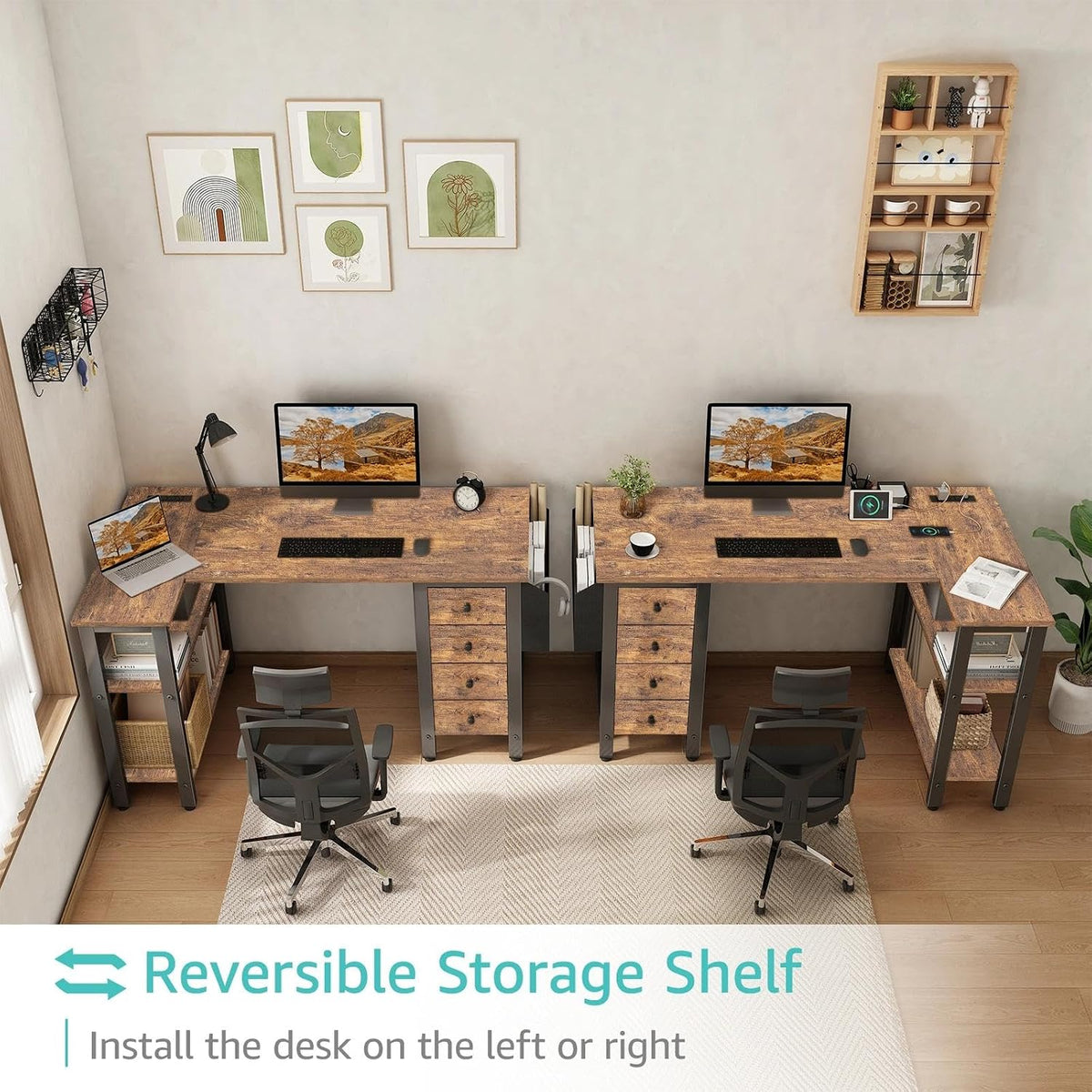 White L Shaped Computer Desk with Drawers & Storage Shelves, 47 Inch Corner Reversible Desk with Power Outlet for Home Office Bedroom, L-Shaped Teen PC Desks with Fabric Drawer, White