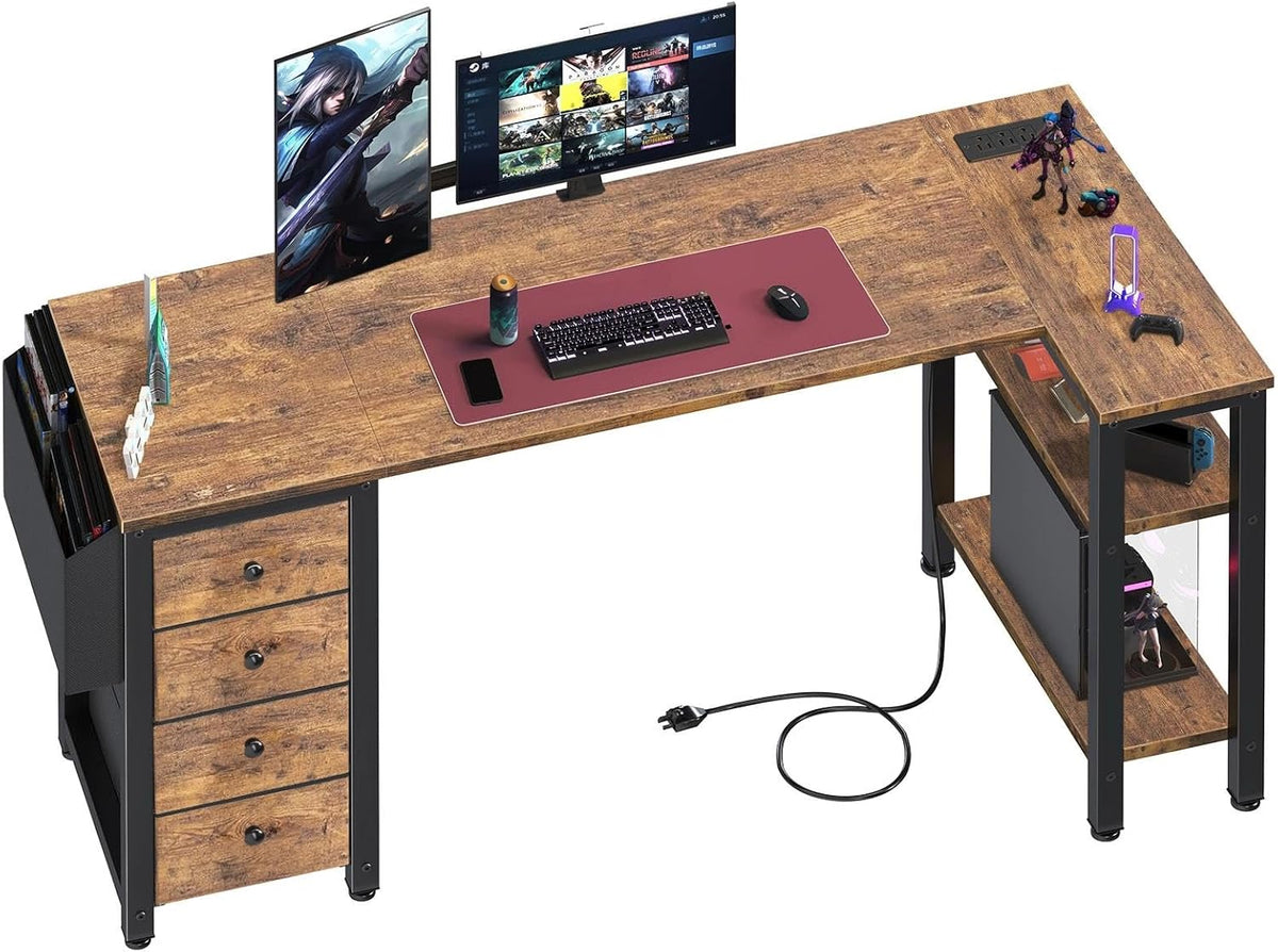 White L Shaped Computer Desk with Drawers & Storage Shelves, 47 Inch Corner Reversible Desk with Power Outlet for Home Office Bedroom, L-Shaped Teen PC Desks with Fabric Drawer, White