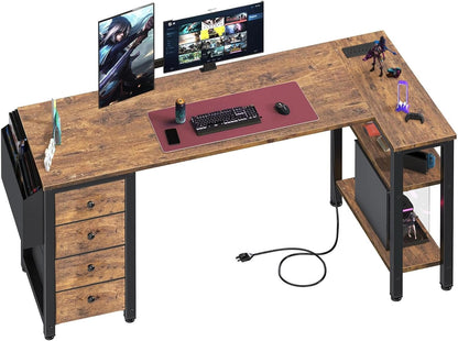 White L Shaped Computer Desk with Drawers & Storage Shelves, 47 Inch Corner Reversible Desk with Power Outlet for Home Office Bedroom, L-Shaped Teen PC Desks with Fabric Drawer, White