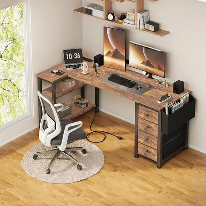 White L Shaped Computer Desk with Drawers & Storage Shelves, 47 Inch Corner Reversible Desk with Power Outlet for Home Office Bedroom, L-Shaped Teen PC Desks with Fabric Drawer, White