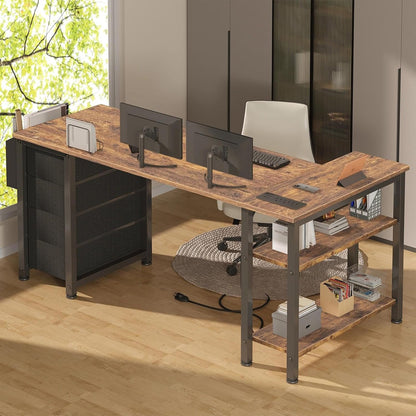 White L Shaped Computer Desk with Drawers & Storage Shelves, 47 Inch Corner Reversible Desk with Power Outlet for Home Office Bedroom, L-Shaped Teen PC Desks with Fabric Drawer, White