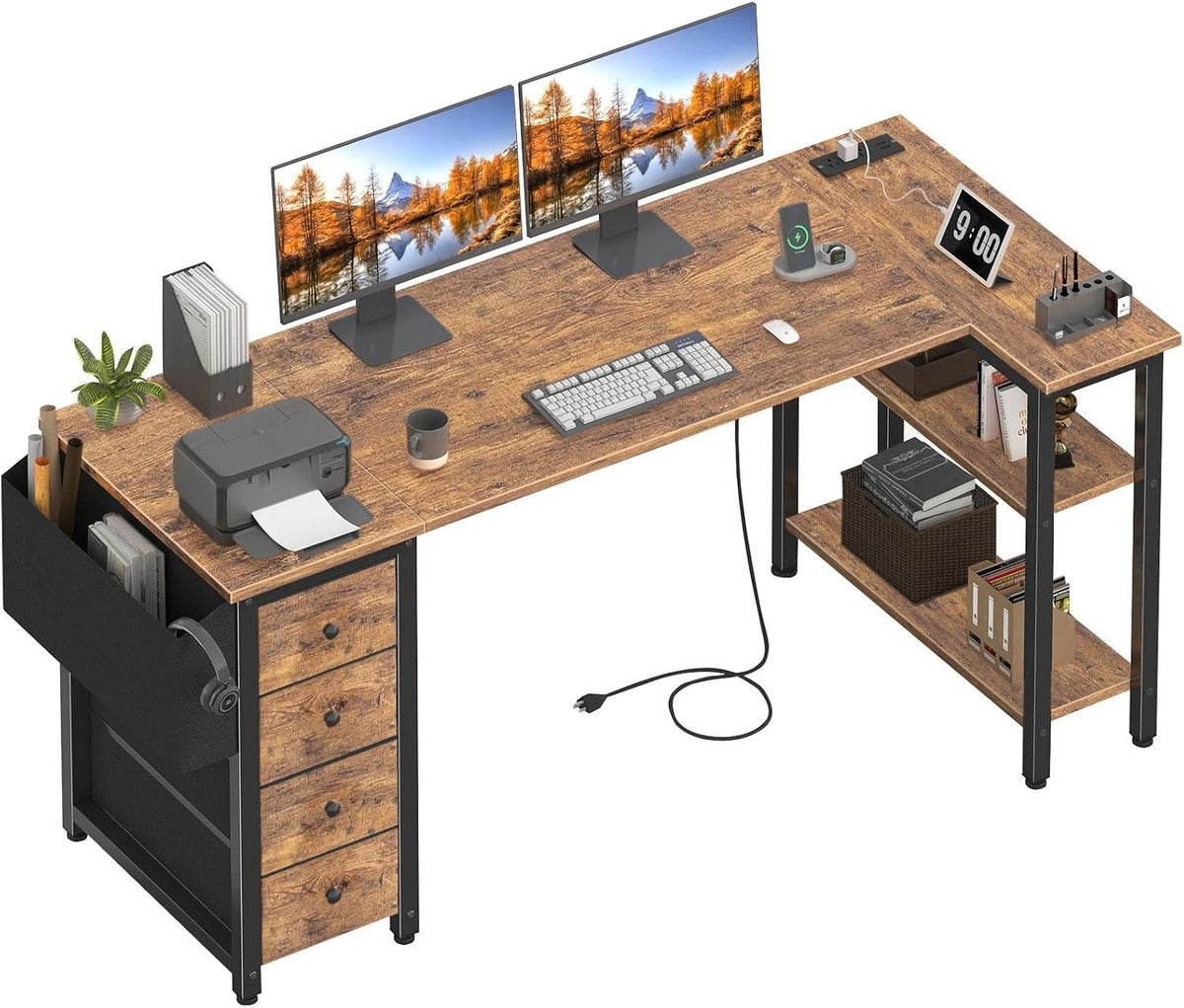 White L Shaped Computer Desk with Drawers & Storage Shelves, 47 Inch Corner Reversible Desk with Power Outlet for Home Office Bedroom, L-Shaped Teen PC Desks with Fabric Drawer, White