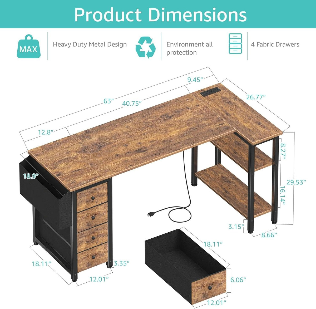 White L Shaped Computer Desk with Drawers & Storage Shelves, 47 Inch Corner Reversible Desk with Power Outlet for Home Office Bedroom, L-Shaped Teen PC Desks with Fabric Drawer, White
