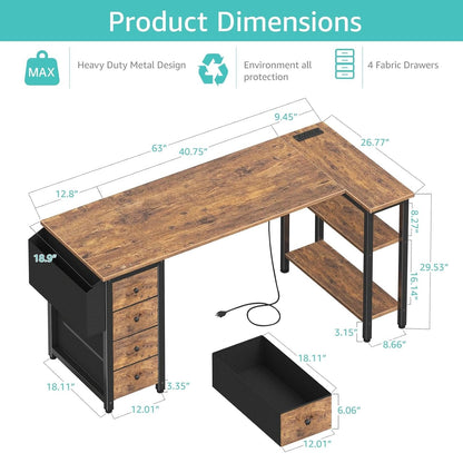 White L Shaped Computer Desk with Drawers & Storage Shelves, 47 Inch Corner Reversible Desk with Power Outlet for Home Office Bedroom, L-Shaped Teen PC Desks with Fabric Drawer, White