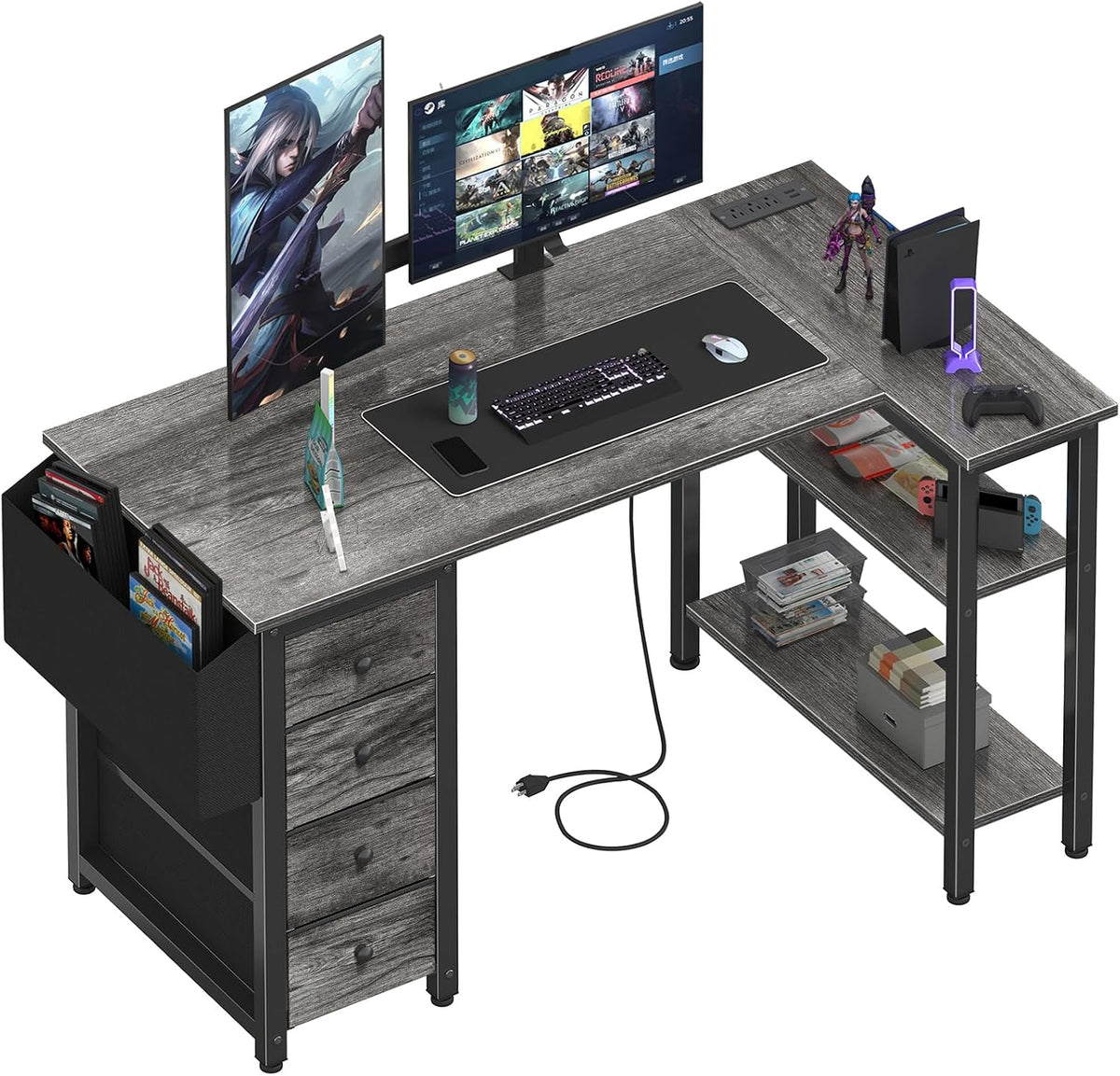 White L Shaped Computer Desk with Drawers & Storage Shelves, 47 Inch Corner Reversible Desk with Power Outlet for Home Office Bedroom, L-Shaped Teen PC Desks with Fabric Drawer, White