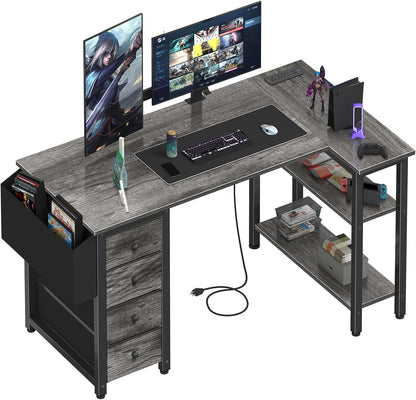 White L Shaped Computer Desk with Drawers & Storage Shelves, 47 Inch Corner Reversible Desk with Power Outlet for Home Office Bedroom, L-Shaped Teen PC Desks with Fabric Drawer, White
