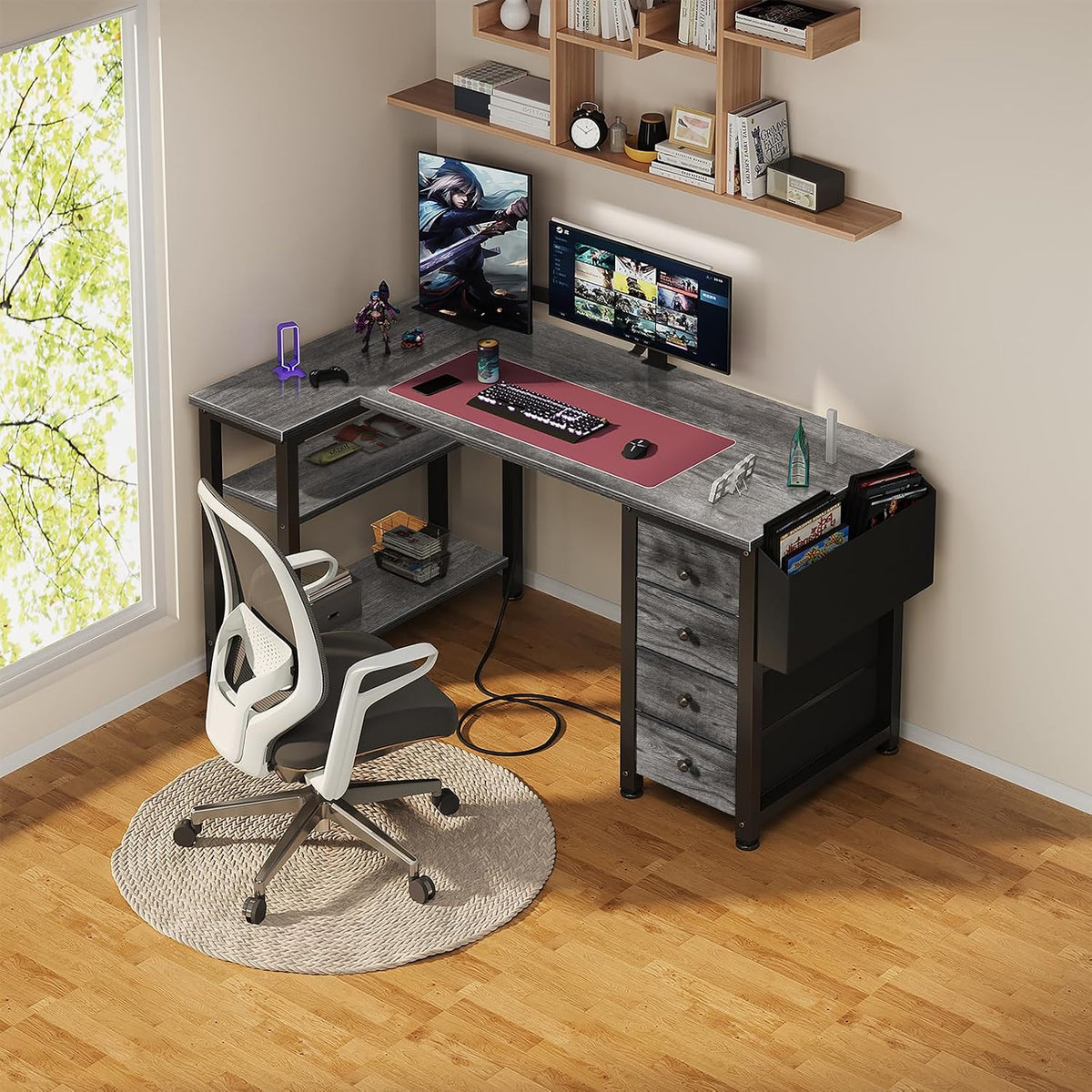 White L Shaped Computer Desk with Drawers & Storage Shelves, 47 Inch Corner Reversible Desk with Power Outlet for Home Office Bedroom, L-Shaped Teen PC Desks with Fabric Drawer, White