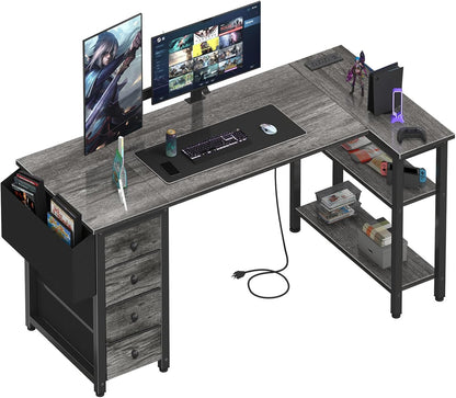 White L Shaped Computer Desk with Drawers & Storage Shelves, 47 Inch Corner Reversible Desk with Power Outlet for Home Office Bedroom, L-Shaped Teen PC Desks with Fabric Drawer, White