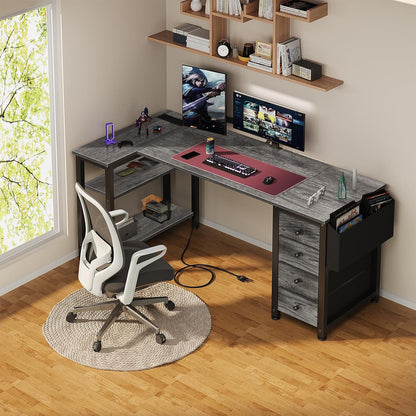 White L Shaped Computer Desk with Drawers & Storage Shelves, 47 Inch Corner Reversible Desk with Power Outlet for Home Office Bedroom, L-Shaped Teen PC Desks with Fabric Drawer, White