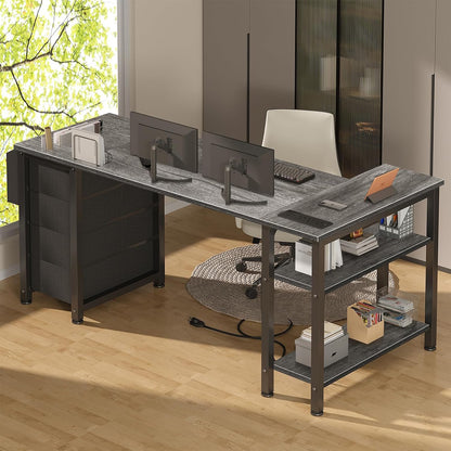 White L Shaped Computer Desk with Drawers & Storage Shelves, 47 Inch Corner Reversible Desk with Power Outlet for Home Office Bedroom, L-Shaped Teen PC Desks with Fabric Drawer, White