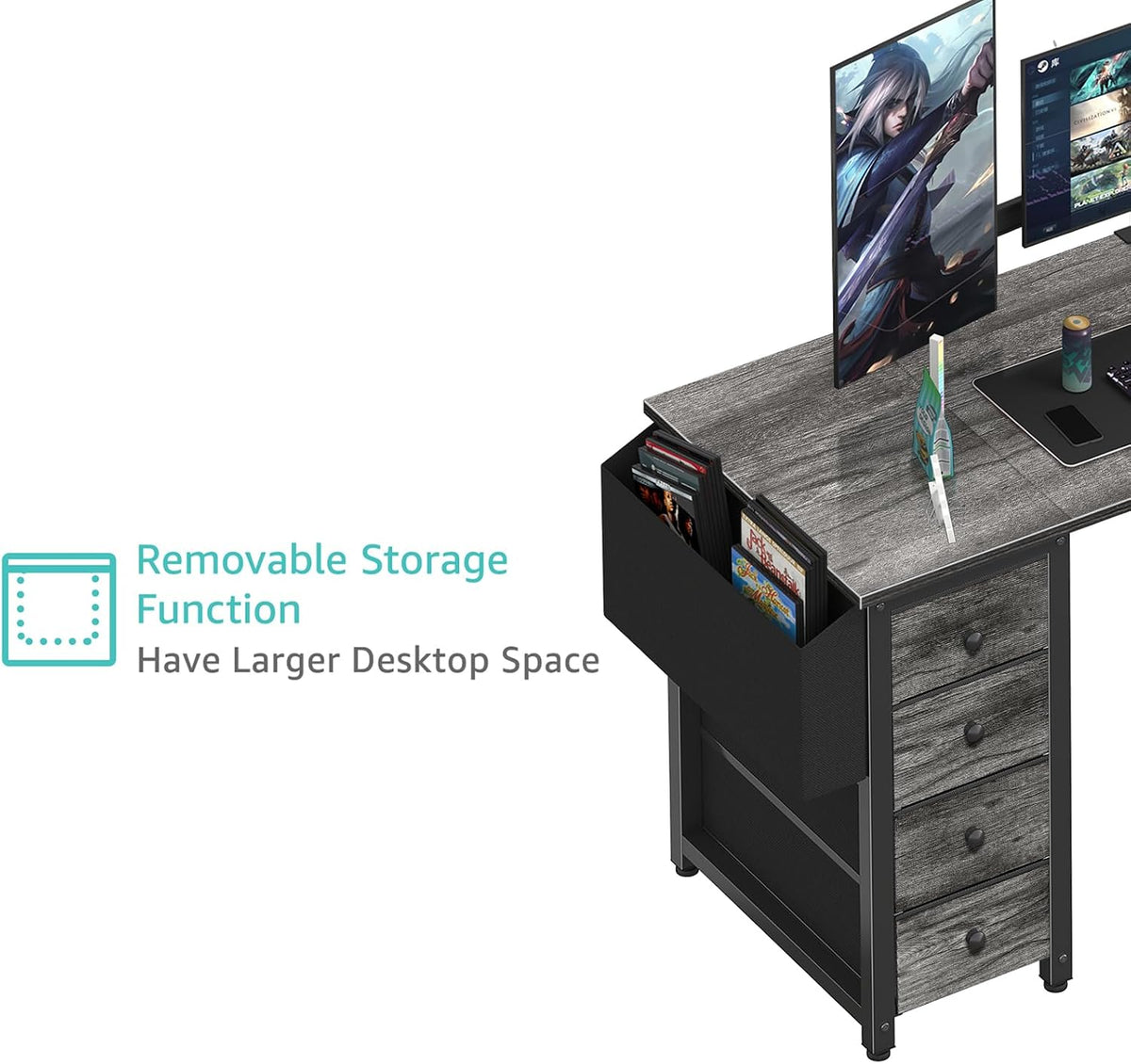 White L Shaped Computer Desk with Drawers & Storage Shelves, 47 Inch Corner Reversible Desk with Power Outlet for Home Office Bedroom, L-Shaped Teen PC Desks with Fabric Drawer, White