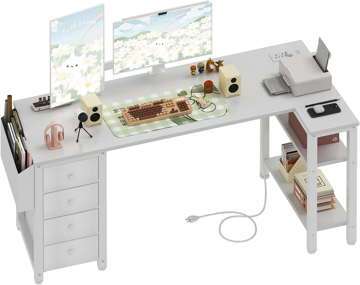 White L Shaped Computer Desk with Drawers & Storage Shelves, 47 Inch Corner Reversible Desk with Power Outlet for Home Office Bedroom, L-Shaped Teen PC Desks with Fabric Drawer, White
