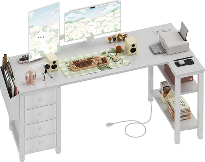 White L Shaped Computer Desk with Drawers & Storage Shelves, 47 Inch Corner Reversible Desk with Power Outlet for Home Office Bedroom, L-Shaped Teen PC Desks with Fabric Drawer, White