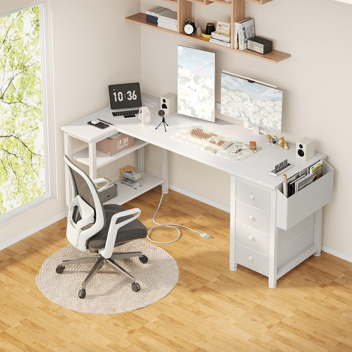 White L Shaped Computer Desk with Drawers & Storage Shelves, 47 Inch Corner Reversible Desk with Power Outlet for Home Office Bedroom, L-Shaped Teen PC Desks with Fabric Drawer, White