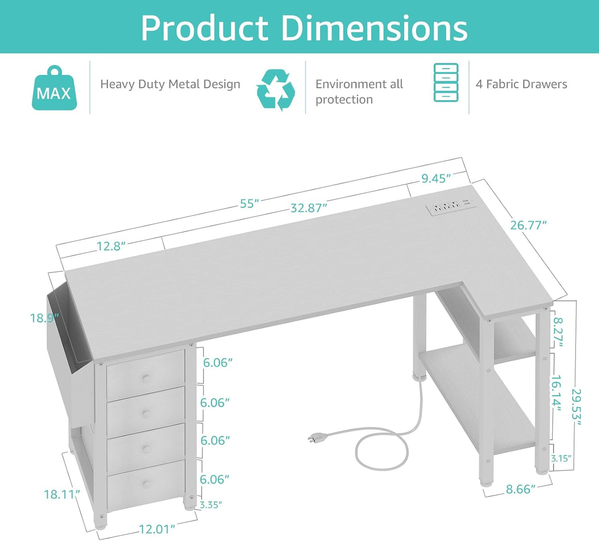 White L Shaped Computer Desk with Drawers & Storage Shelves, 47 Inch Corner Reversible Desk with Power Outlet for Home Office Bedroom, L-Shaped Teen PC Desks with Fabric Drawer, White