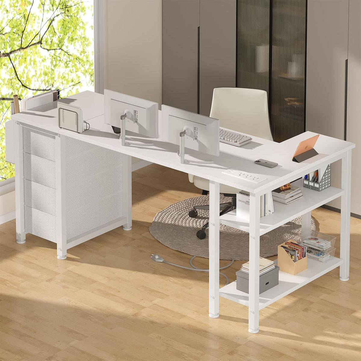 White L Shaped Computer Desk with Drawers & Storage Shelves, 47 Inch Corner Reversible Desk with Power Outlet for Home Office Bedroom, L-Shaped Teen PC Desks with Fabric Drawer, White