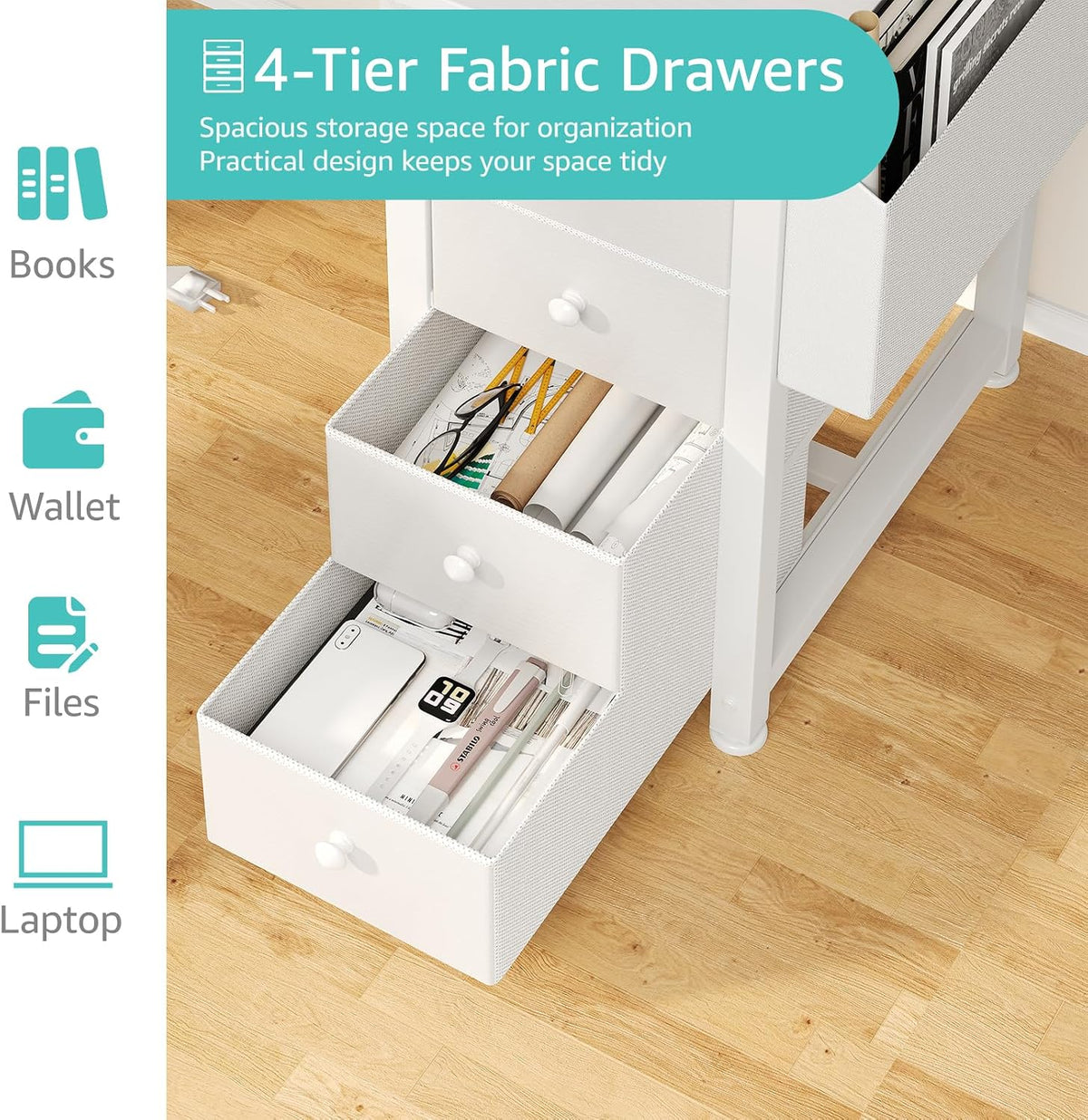 White L Shaped Computer Desk with Drawers & Storage Shelves, 47 Inch Corner Reversible Desk with Power Outlet for Home Office Bedroom, L-Shaped Teen PC Desks with Fabric Drawer, White