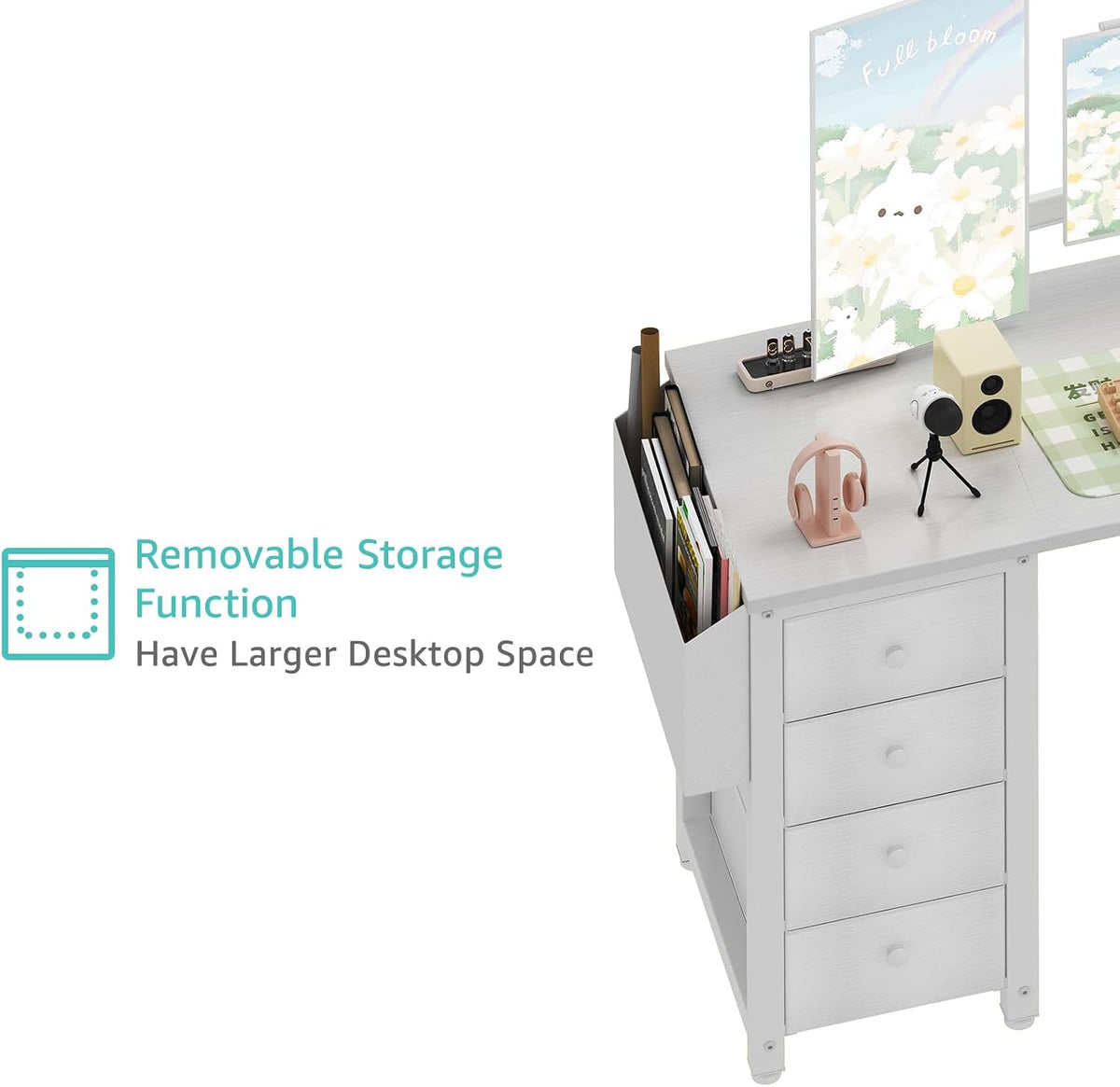 White L Shaped Computer Desk with Drawers & Storage Shelves, 47 Inch Corner Reversible Desk with Power Outlet for Home Office Bedroom, L-Shaped Teen PC Desks with Fabric Drawer, White