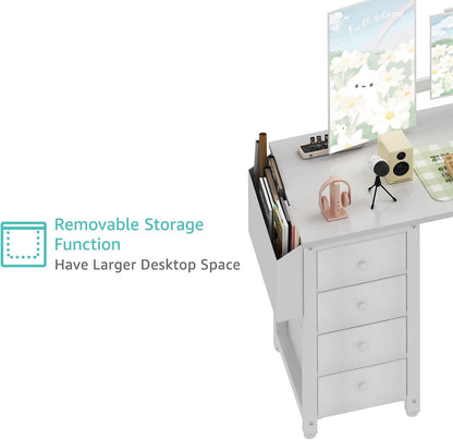 White L Shaped Computer Desk with Drawers & Storage Shelves, 47 Inch Corner Reversible Desk with Power Outlet for Home Office Bedroom, L-Shaped Teen PC Desks with Fabric Drawer, White