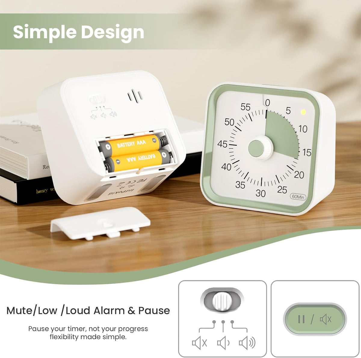 Visual Timer for Kids, Countdown Timer with Pause Function, White
