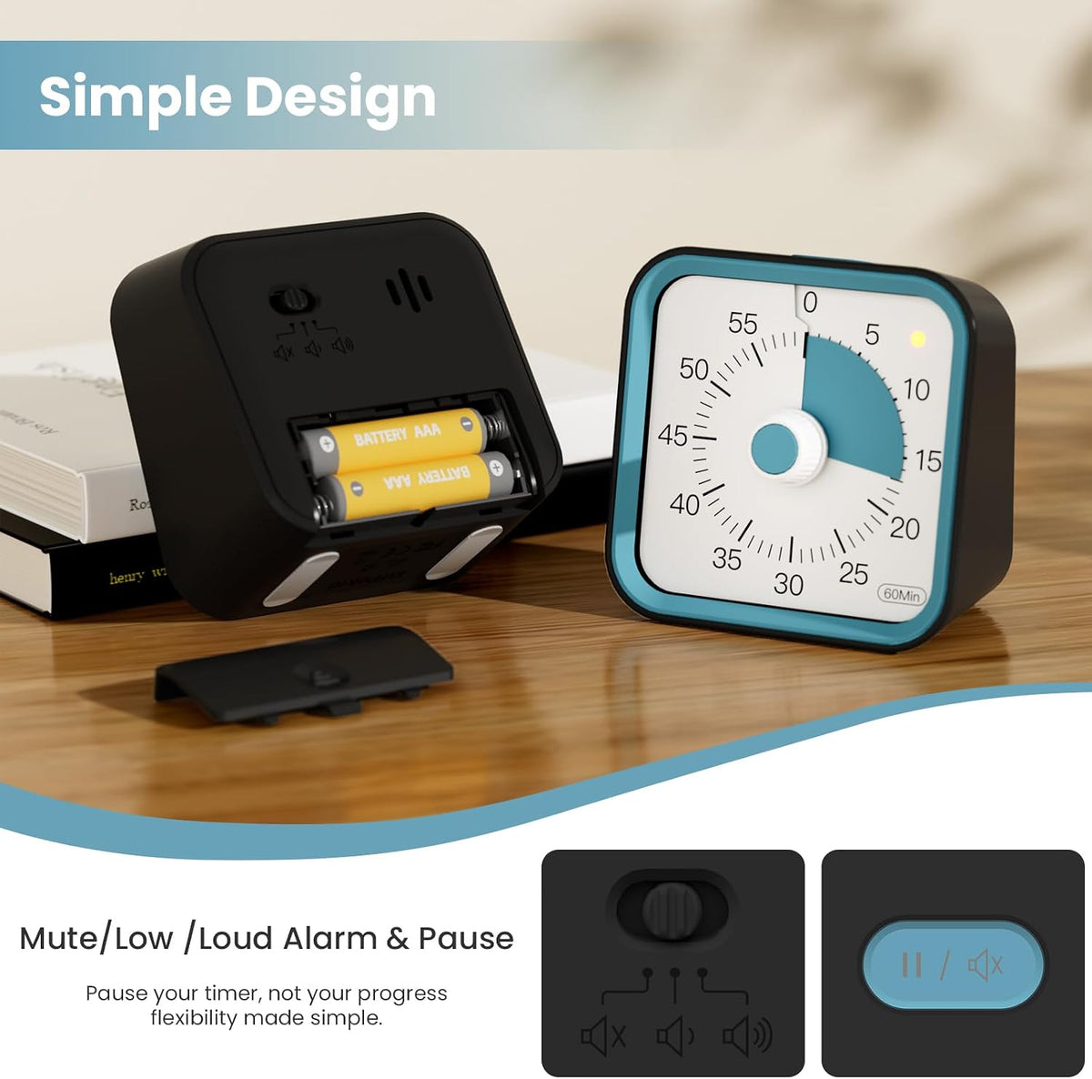 Visual Timer for Kids, Countdown Timer with Pause Function, White