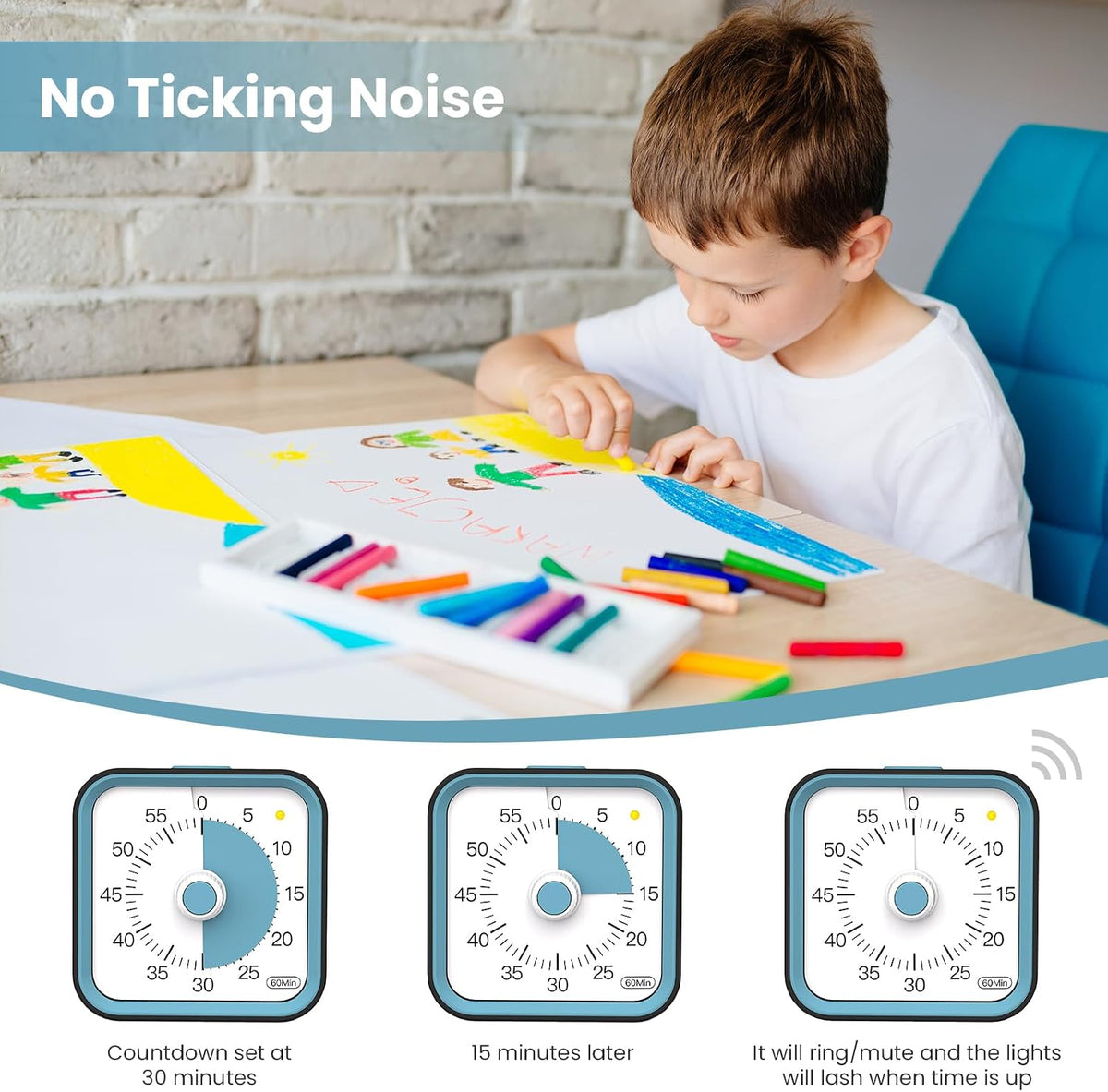Visual Timer for Kids, Countdown Timer with Pause Function, White