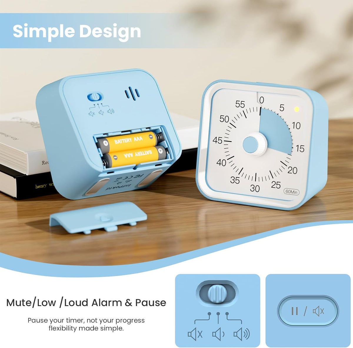 Visual Timer for Kids, Countdown Timer with Pause Function, White