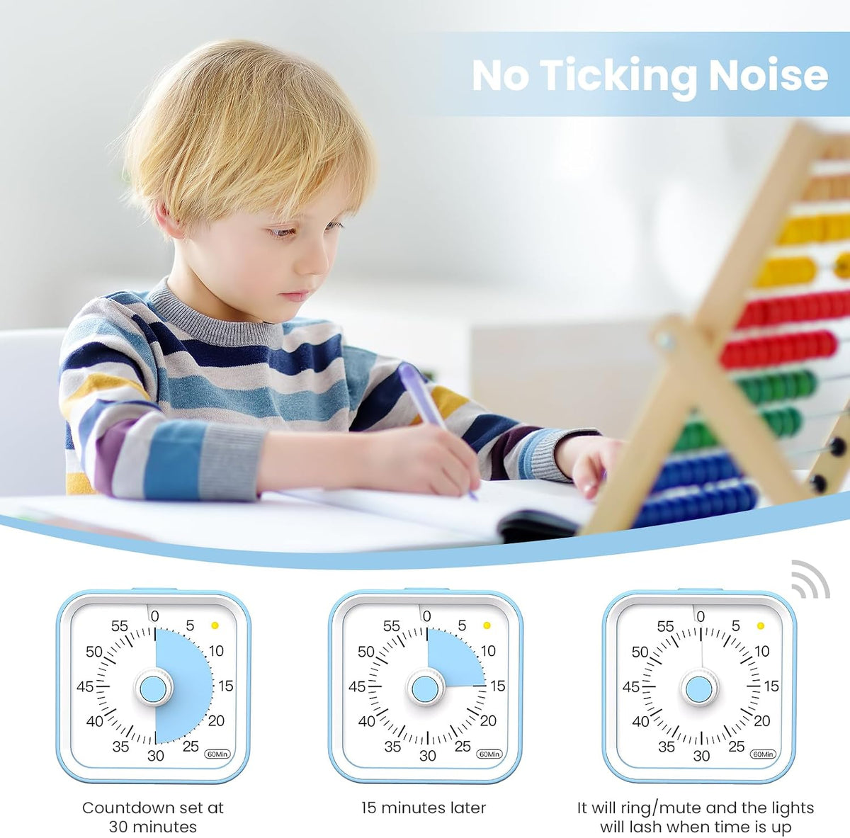 Visual Timer for Kids, Countdown Timer with Pause Function, White