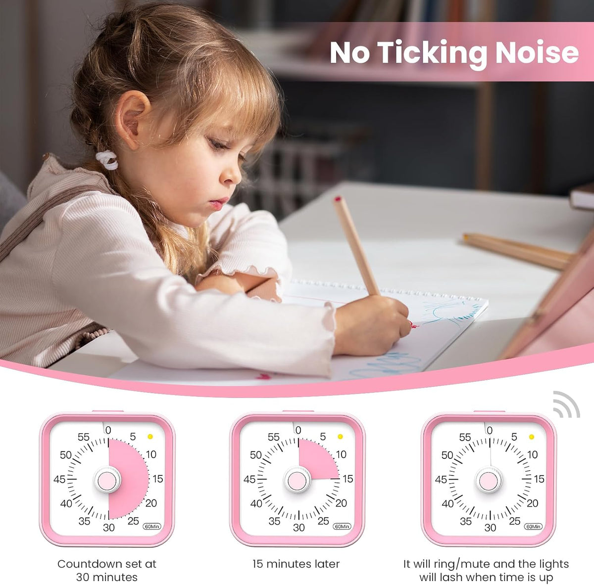 Visual Timer for Kids, Countdown Timer with Pause Function, White