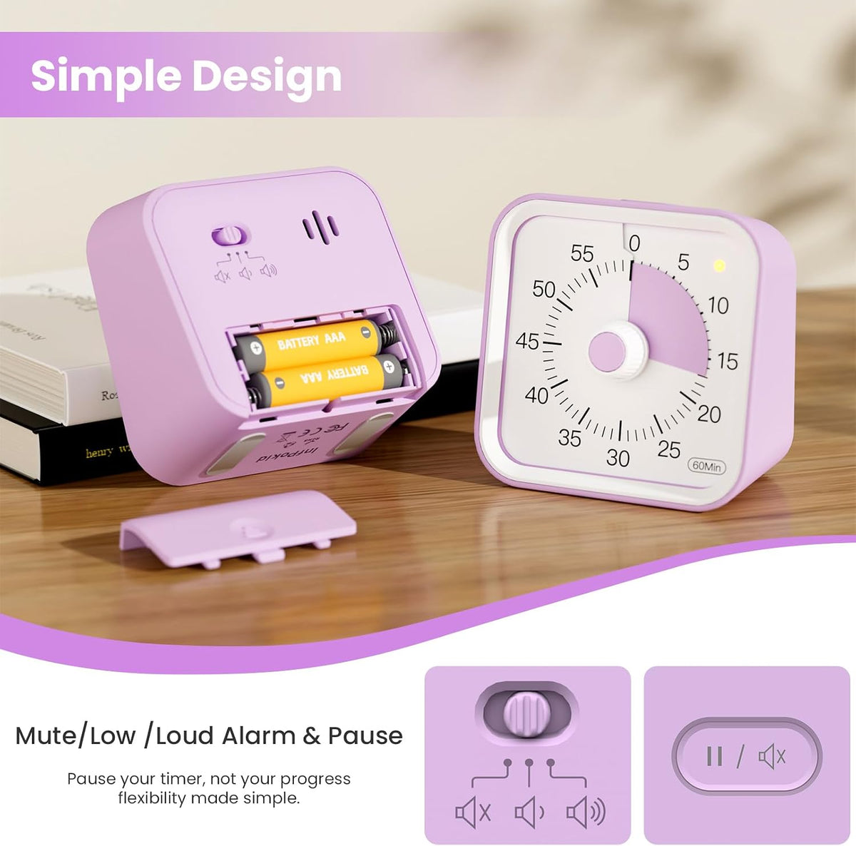 Visual Timer for Kids, Countdown Timer with Pause Function, White