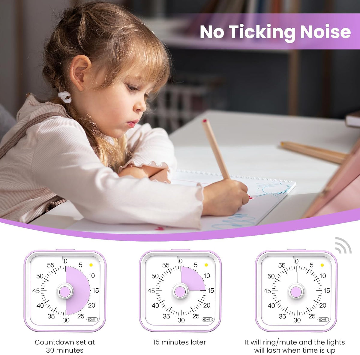 Visual Timer for Kids, Countdown Timer with Pause Function, White