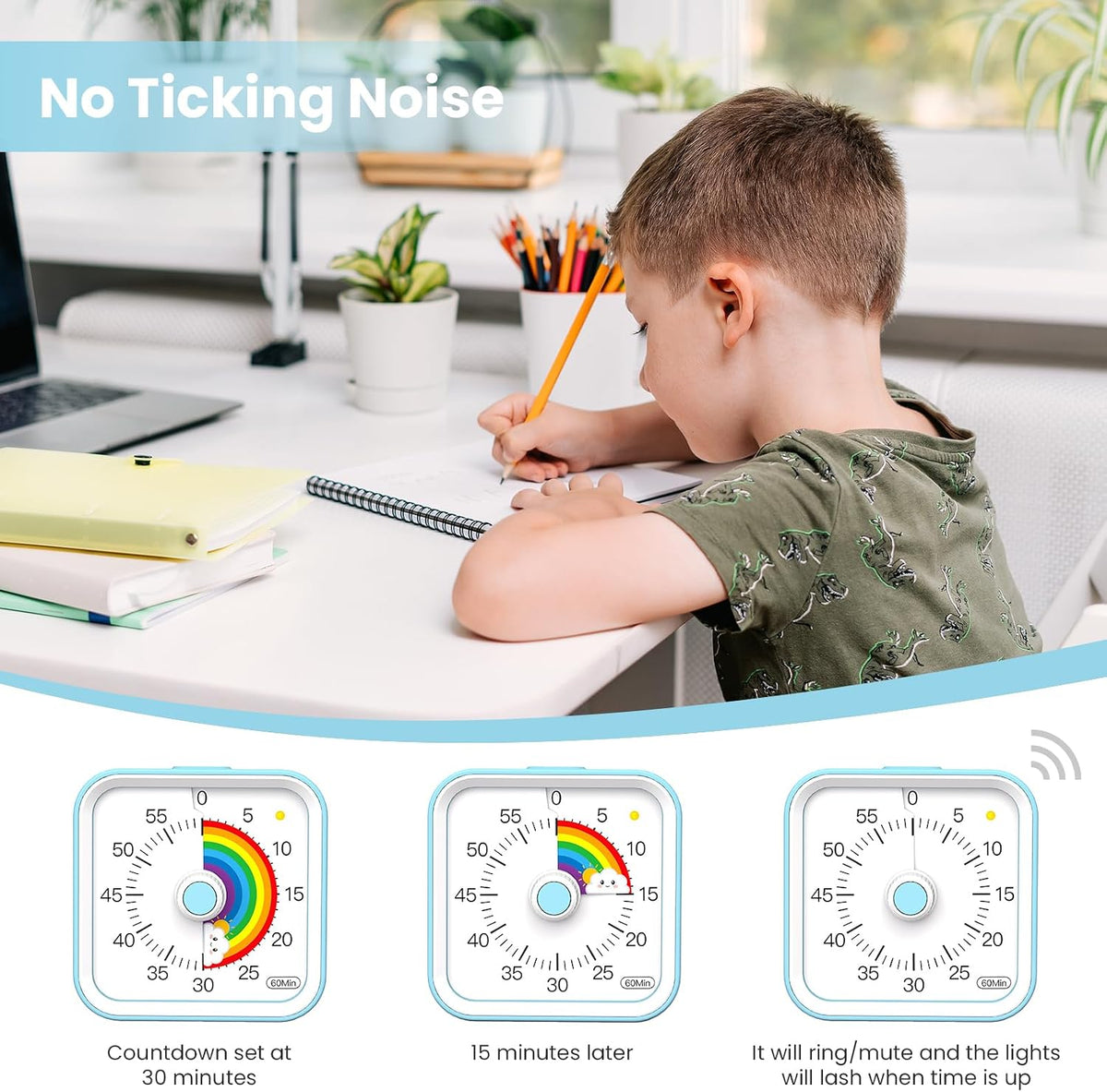 Visual Timer for Kids, Countdown Timer with Pause Function, White