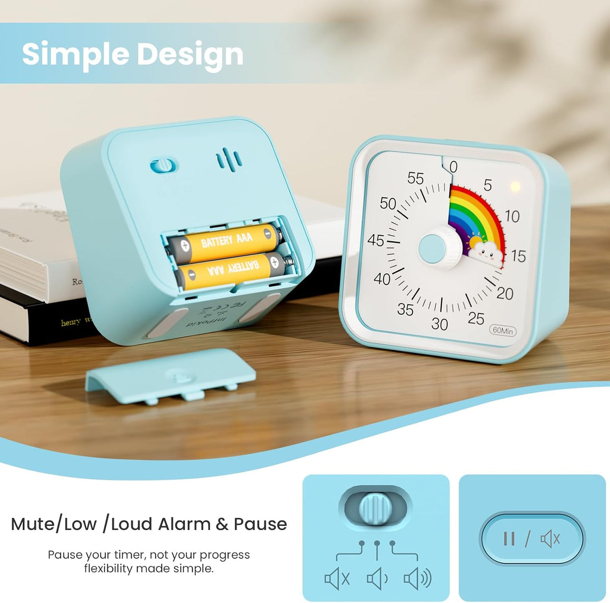 Visual Timer for Kids, Countdown Timer with Pause Function, White