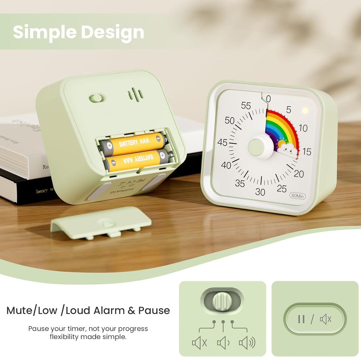 Visual Timer for Kids, Countdown Timer with Pause Function, White