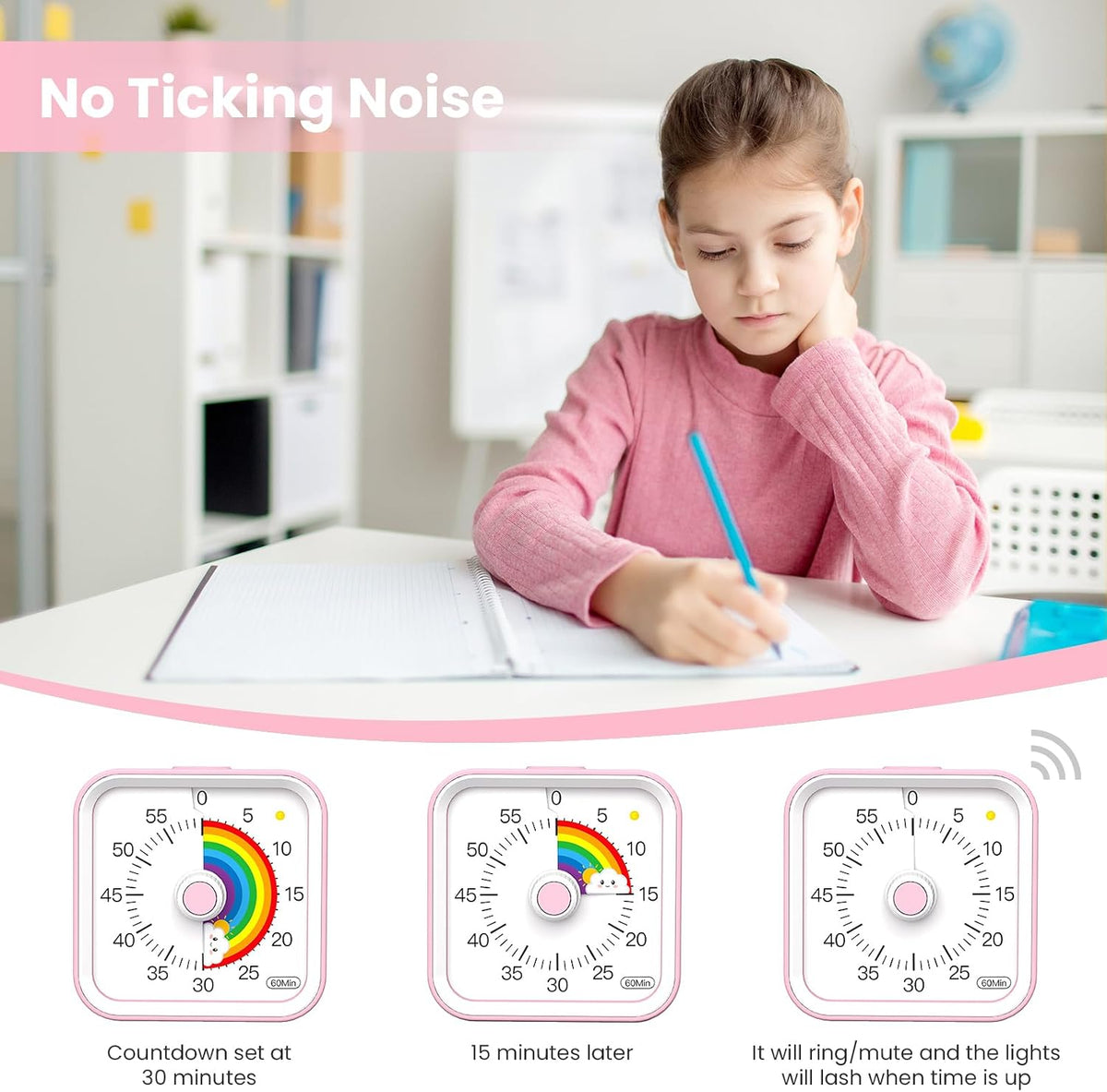 Visual Timer for Kids, Countdown Timer with Pause Function, White
