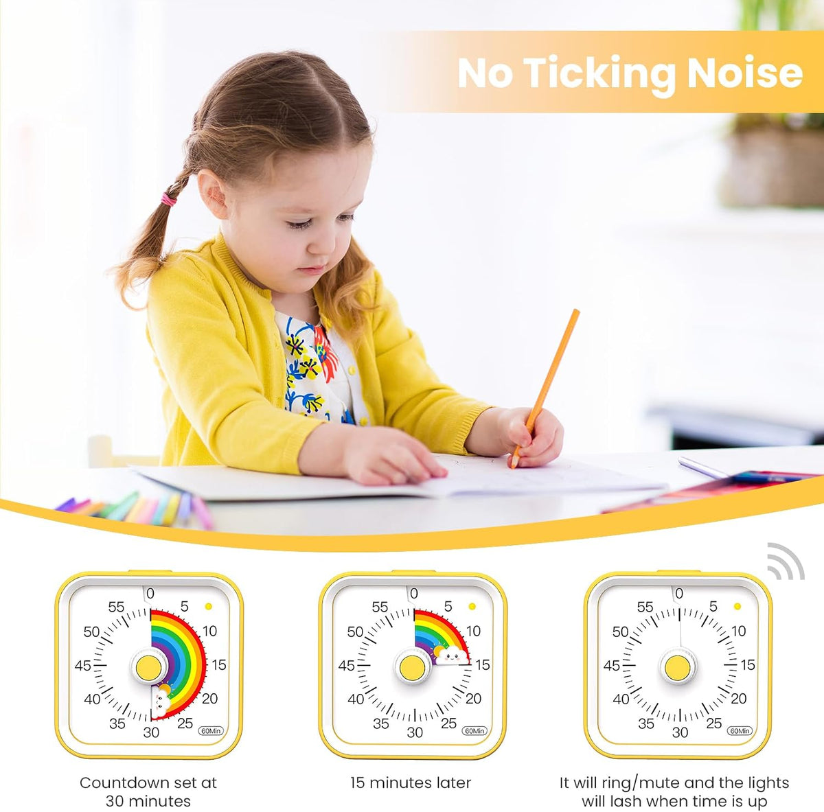 Visual Timer for Kids, Countdown Timer with Pause Function, White