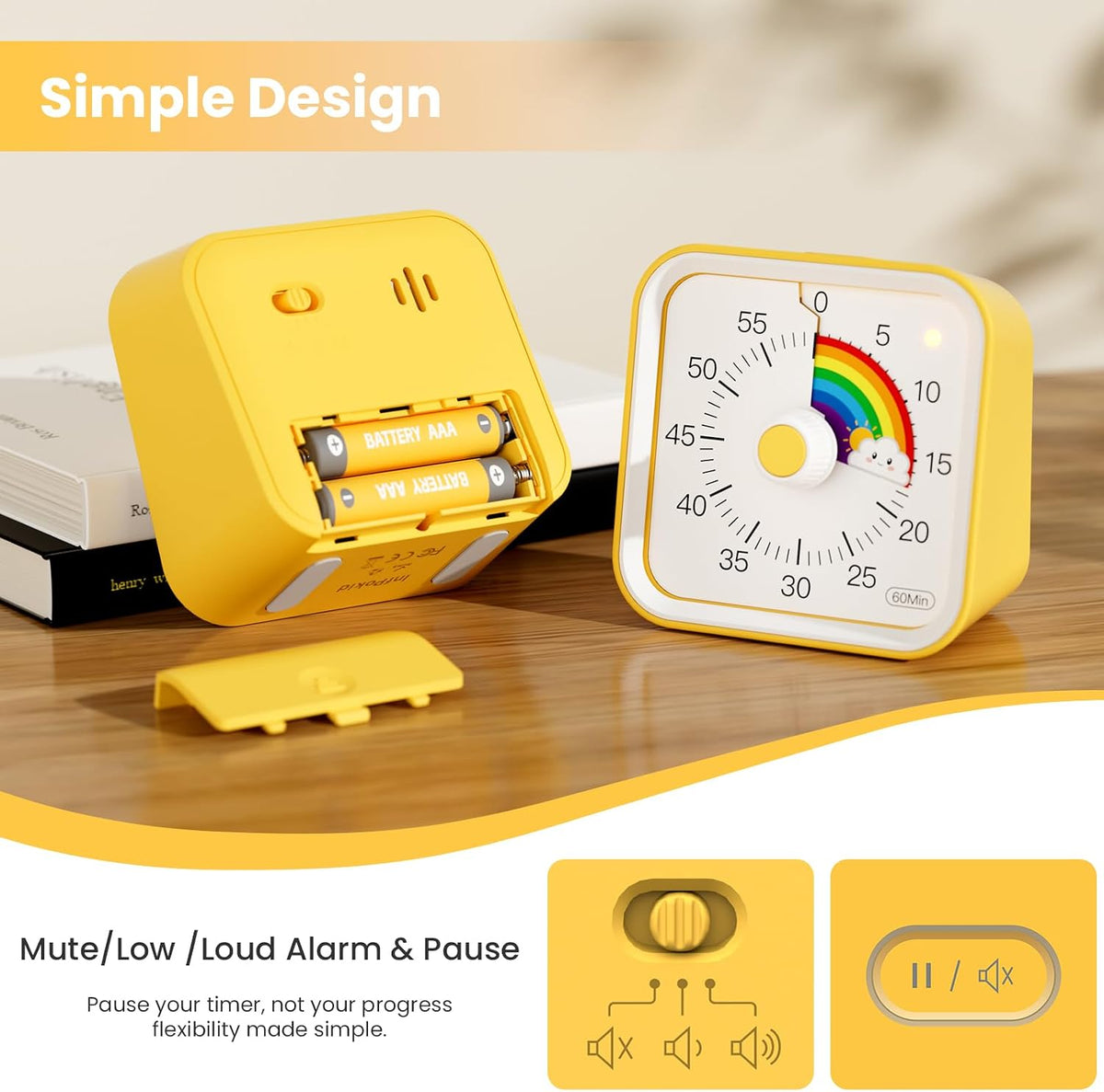 Visual Timer for Kids, Countdown Timer with Pause Function, White