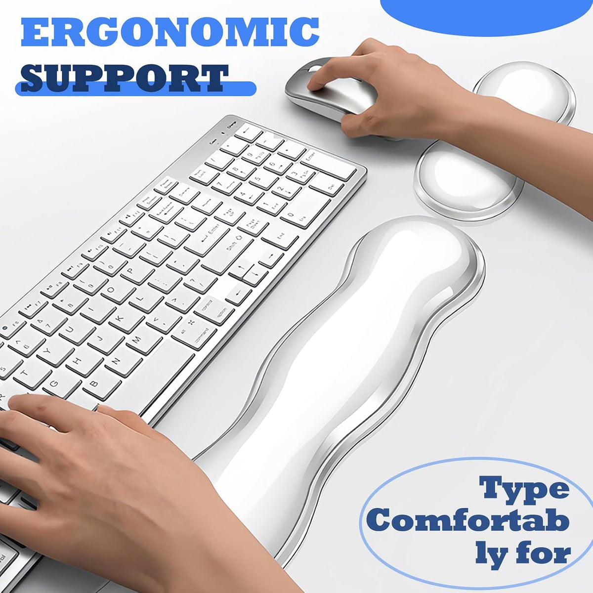 Silicone Gel Keyboard and Mouse Wrist Rest Set, Ergonomic Cool Non-Slip Pad for Typing Pain Relief, Comfort Support for Office Home Computer Laptop, White