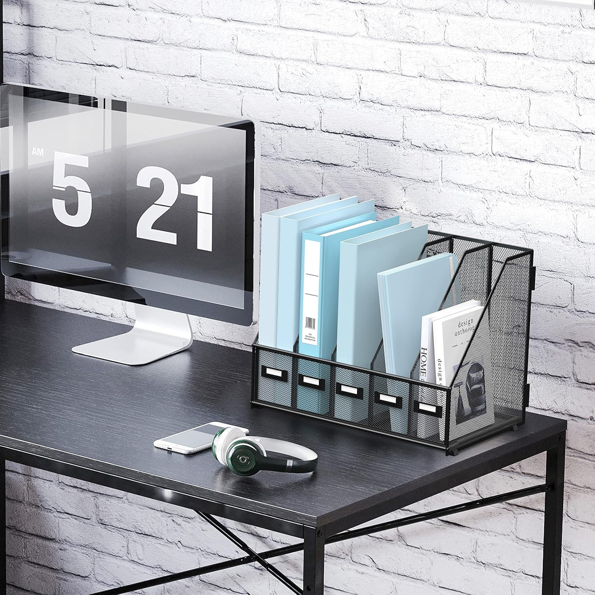 Desk Organizers Metal Desk Magazine File Holder with 5 Vertical Compartments Rack File Organizer for Office Desktop, Classroom, Home Workspace, Black