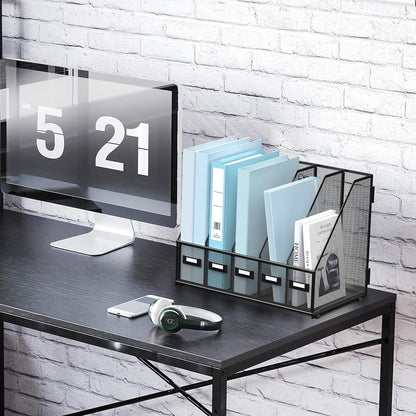 Desk Organizers Metal Desk Magazine File Holder with 5 Vertical Compartments Rack File Organizer for Office Desktop, Classroom, Home Workspace, Black