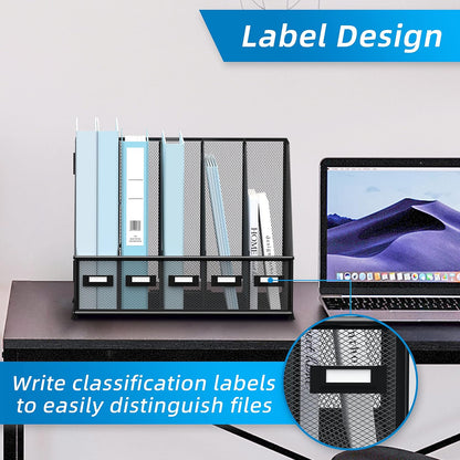 Desk Organizers Metal Desk Magazine File Holder with 5 Vertical Compartments Rack File Organizer for Office Desktop, Classroom, Home Workspace, Black