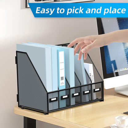 Desk Organizers Metal Desk Magazine File Holder with 5 Vertical Compartments Rack File Organizer for Office Desktop, Classroom, Home Workspace, Black