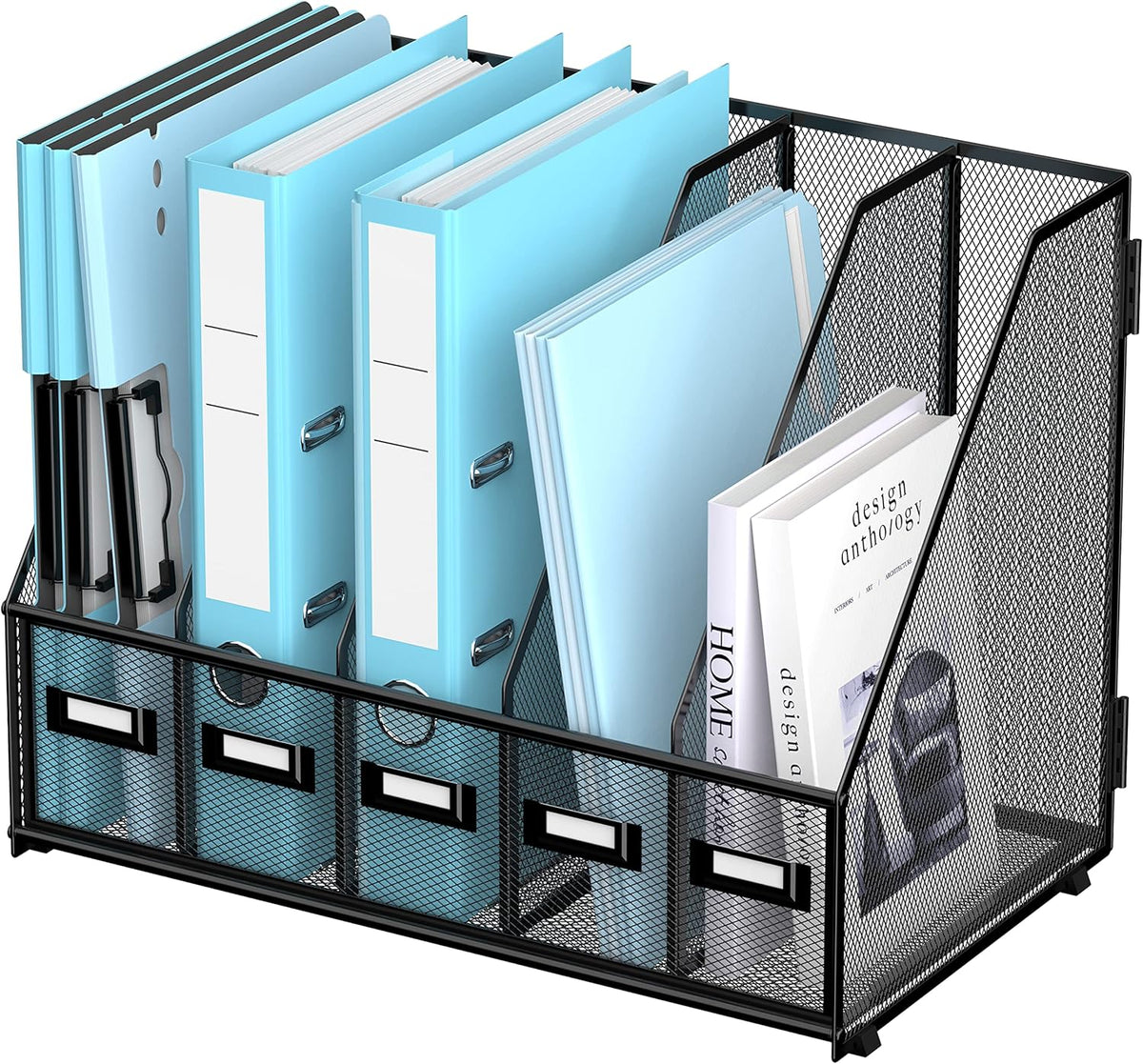 Desk Organizers Metal Desk Magazine File Holder with 5 Vertical Compartments Rack File Organizer for Office Desktop, Classroom, Home Workspace, Black
