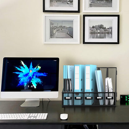 Desk Organizers Metal Desk Magazine File Holder with 5 Vertical Compartments Rack File Organizer for Office Desktop, Classroom, Home Workspace, Black